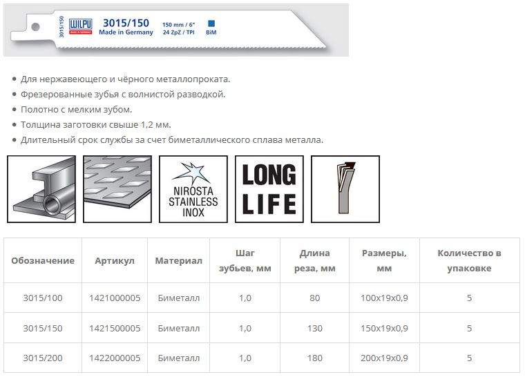 Полотно для сабельной пилы 3015/150 BiM для жести,стали толще 1,2мм мелкий зуб 5шт/уп /WILPU