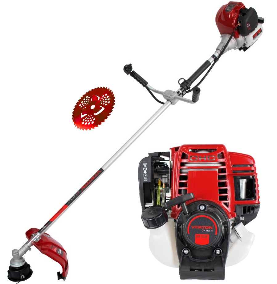 Триммер бенз. VERTON garden BR-370F (V двигателя 37 см3,мощность 1.4 л.с./1,1 кВт,проффесиональный ранец,цельная штанга,диск 40т,катушка)+Диск для триммера VERTON DOUBLE MOWING TD02 (внеш. Ø 255 мм, посад. Ø 25.4 мм, 40 зуб, напайки победит., ТРИ доп
