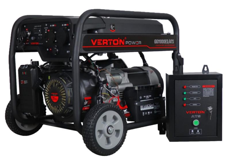 Генератор бензиновый VERTON POWER GG11000ES/ATS(9,5/10,5 кВт 230/50, 21л.с., 550 см3, выносной блок ATS (авт. запуск в случае падения напряжения в основной сети или прекращения подачи электр-ии),Цифр. дисплей (вольтметр, частота, моточасы),хром