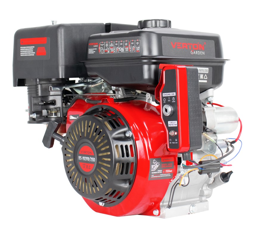 Двигатель VERTON GARDEN BS-192FD/25D (445 см3, 12,5кВт/17л.с,Ø вала 25мм (шпонка), 27/3600 Н*м/(об/мин), V 6 л., ручн/эл. зап, замок зажигания, реле тока, распредвал сталь, автопрерыватель с датчиком уровня масла, крышка бака винт, фильтр комбин.