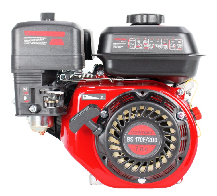 Двигатель VERTON GARDEN BS-170F/20D (212 см3, 5кВт/7л.с,Ø вала 20мм (шпонка), 14/3600 Н*м/(об/мин), V 3.6 л., ручн. зап., выкл., распредвал сталь, автопрерыватель с датчиком уровня масла, крышка бака винт, фильтр комбин. (бумага+паралон), прорез. рук