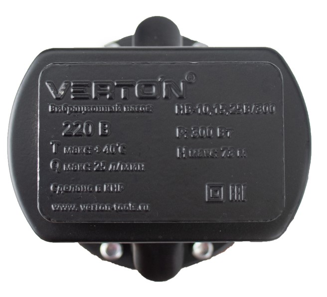 Насос вибрационный Verton НВ-10В/300 (220В,300 Вт,D-100мм, произв. 25 л/мин.,глуб. погруж. 4м., верхний забор воды, длина эл. каб. 10м, макс. темп. 50 С, макс. напор 73 м. (6шт/кор))