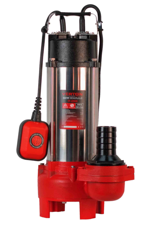 Насос фекальный погружной Verton AQUA FP-2200K (мощн.2200Вт,произв.690л/мин,макс. выс.16м,глуб. 5м,d вых.75мм,реж.нож, макс. размер частиц 35мм, поплавок)