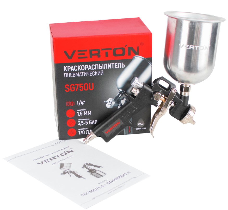 Краскораспылитель Verton Air SG750U/1,5 (верхний бак-750мл,расход воздуха 170л/мин,сопло 1,5мм,ф штуцера 1/4,раб.давл 3,5-5) (20шт/кор)