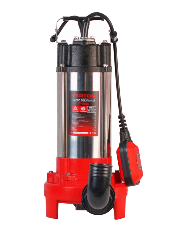 Насос фекальный погружной Verton AQUA FP-1100K (мощн.1100Вт,произв.320л/мин,макс.выс.9м,глуб. 5м,d вых.50мм,реж.нож, макс. размер частиц 35мм, поплавок)