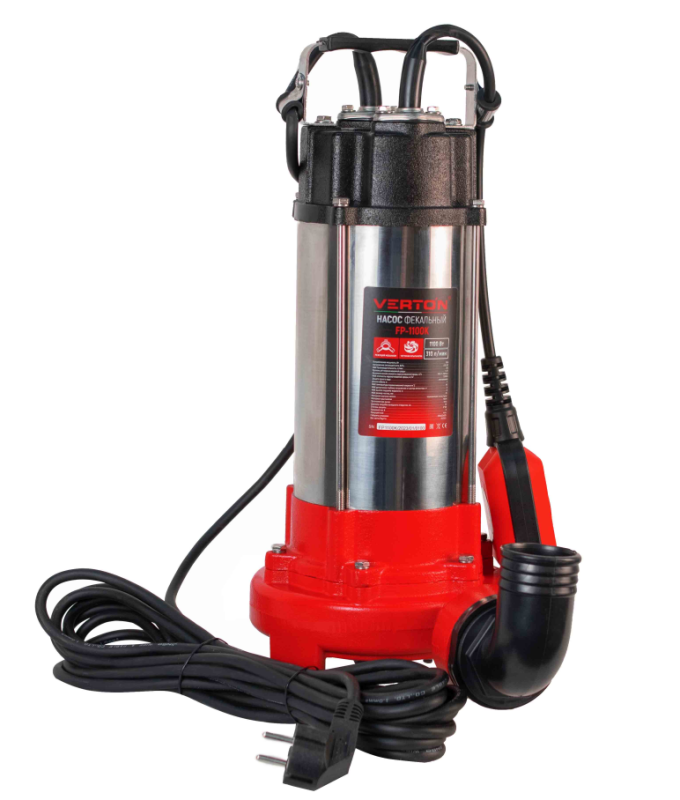 Насос фекальный погружной Verton AQUA FP-1100K (мощн.1100Вт,произв.320л/мин,макс.выс.9м,глуб. 5м,d вых.50мм,реж.нож, макс. размер частиц 35мм, поплавок)