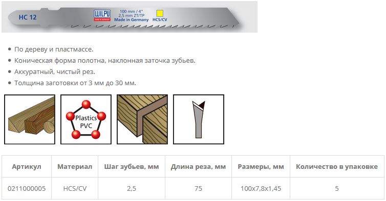 Пилка по дереву HC 12 (2 шт; 100х7.8х1.45 мм; 75 мм; 10 TPI; HCS/CV; до 30 мм) WILPU