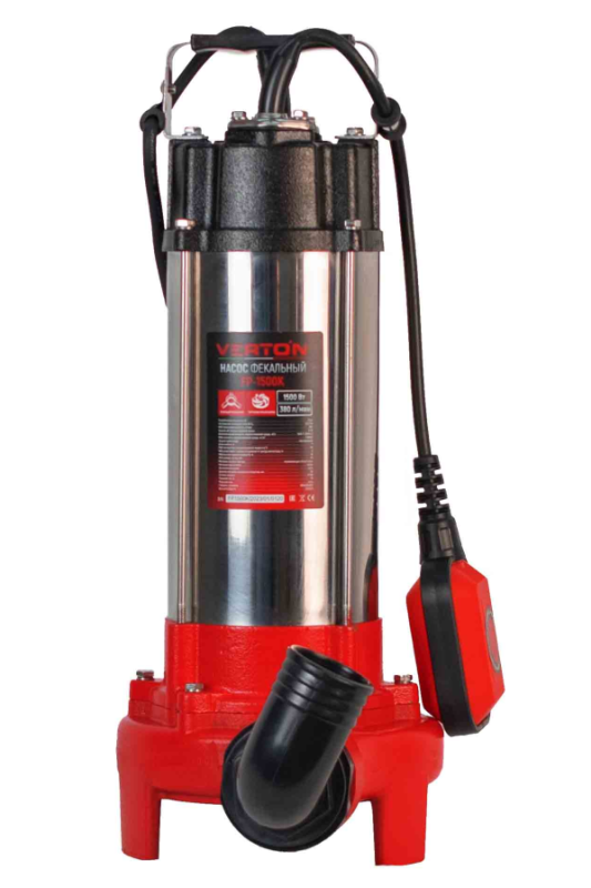 Насос фекальный погружной Verton AQUA FP-1500K (мощн.1500Вт,произв.380л/мин,макс.выс.16м,глуб. 5м,d вых.50мм,реж.нож, макс. размер частиц 35мм, поплавок)