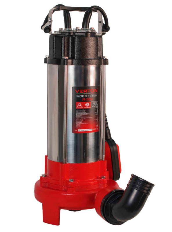 Насос фекальный погружной Verton AQUA FP-1500K (мощн.1500Вт,произв.380л/мин,макс.выс.16м,глуб. 5м,d вых.50мм,реж.нож, макс. размер частиц 35мм, поплавок)