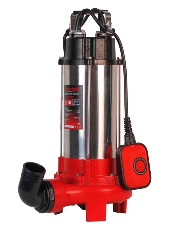 Насос фекальный погружной Verton AQUA FP-1500K (мощн.1500Вт,произв.380л/мин,макс.выс.16м,глуб. 5м,d вых.50мм,реж.нож, макс. размер частиц 35мм, поплавок)