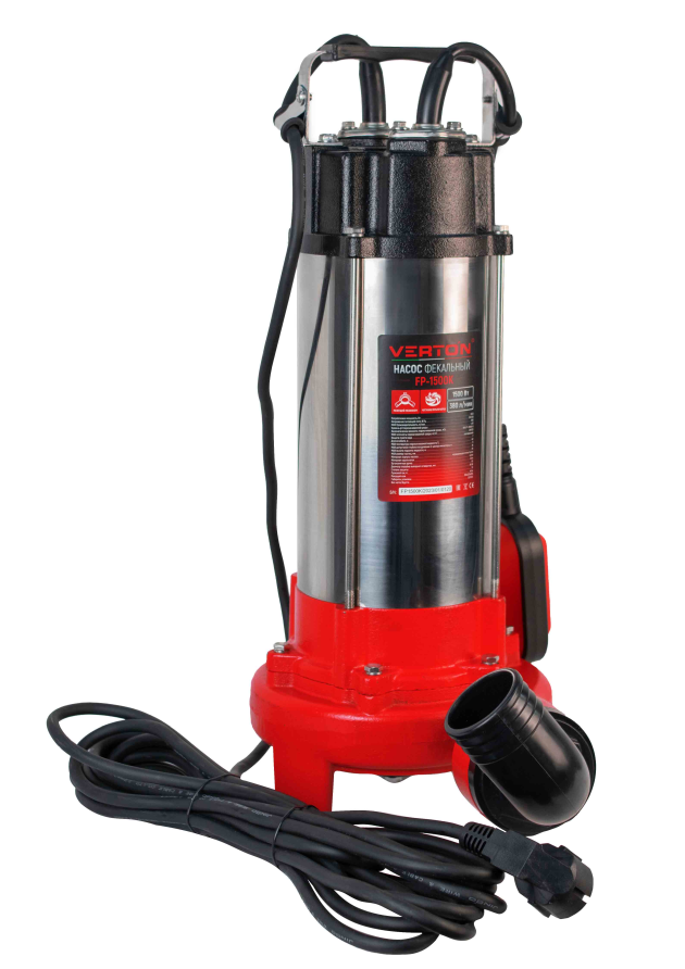 Насос фекальный погружной Verton AQUA FP-1500K (мощн.1500Вт,произв.380л/мин,макс.выс.16м,глуб. 5м,d вых.50мм,реж.нож, макс. размер частиц 35мм, поплавок)