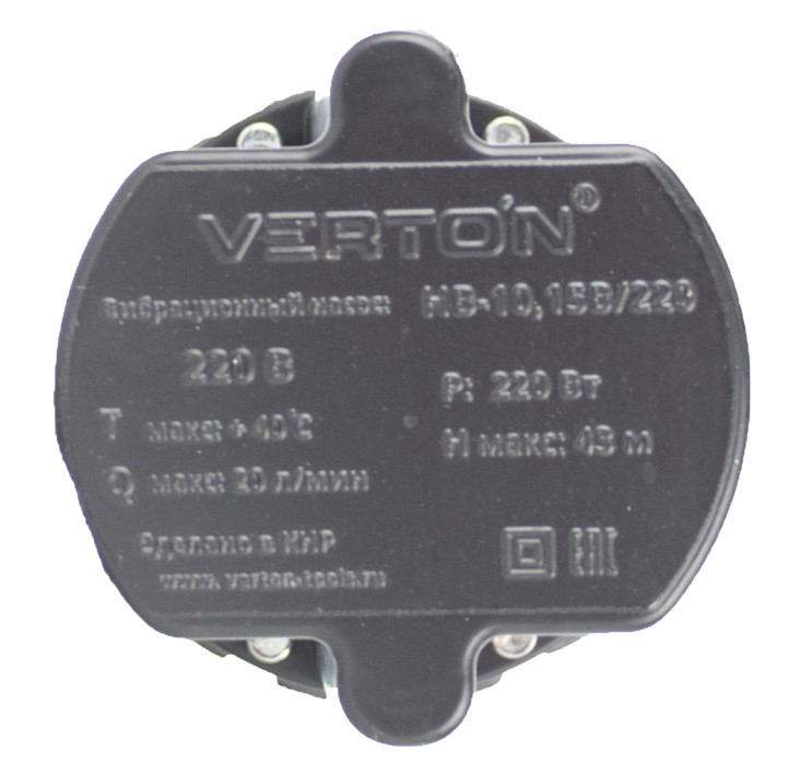 Насос вибрационный Verton НВ-10В/220 (220В, 220 Вт,D-76мм,произв. 20 л/мин.,глуб.погруж. 4 м,,верхний забор воды, длина эл.каб. 10м., макс. темп. 50 С, макс. напор 43 м. 6 шт/кор)