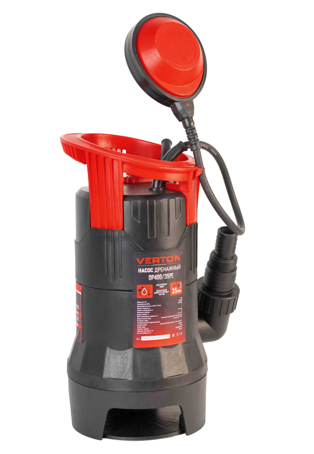 Дренажный насос фекальник для грязной воды Verton AQUA DP400/35PE (мощн.400Вт.,напр. 230/50 В/Гц.,макс. выс.5 м.,произв.142 л/мин.,макс.темп. 35.,IPX8.,нижн.забор воды.,диаметр частиц 35мм.,пласт.корпус.,поплавок,внешний поплавок) - 4 шт/кор.