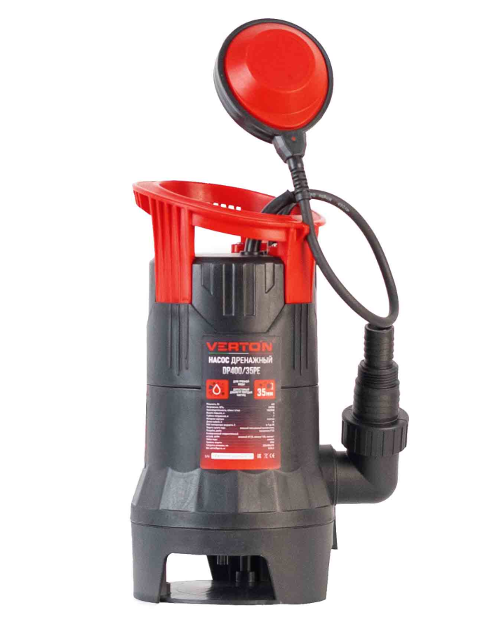 Дренажный насос фекальник для грязной воды Verton AQUA DP400/35PE (мощн.400Вт.,напр. 230/50 В/Гц.,макс. выс.5 м.,произв.142 л/мин.,макс.темп. 35.,IPX8.,нижн.забор воды.,диаметр частиц 35мм.,пласт.корпус.,поплавок,внешний поплавок) - 4 шт/кор.