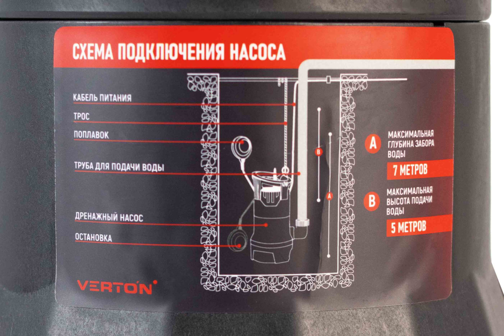 Дренажный насос фекальник для грязной воды Verton AQUA DP400/35PE (мощн.400Вт.,напр. 230/50 В/Гц.,макс. выс.5 м.,произв.142 л/мин.,макс.темп. 35.,IPX8.,нижн.забор воды.,диаметр частиц 35мм.,пласт.корпус.,поплавок,внешний поплавок) - 4 шт/кор.