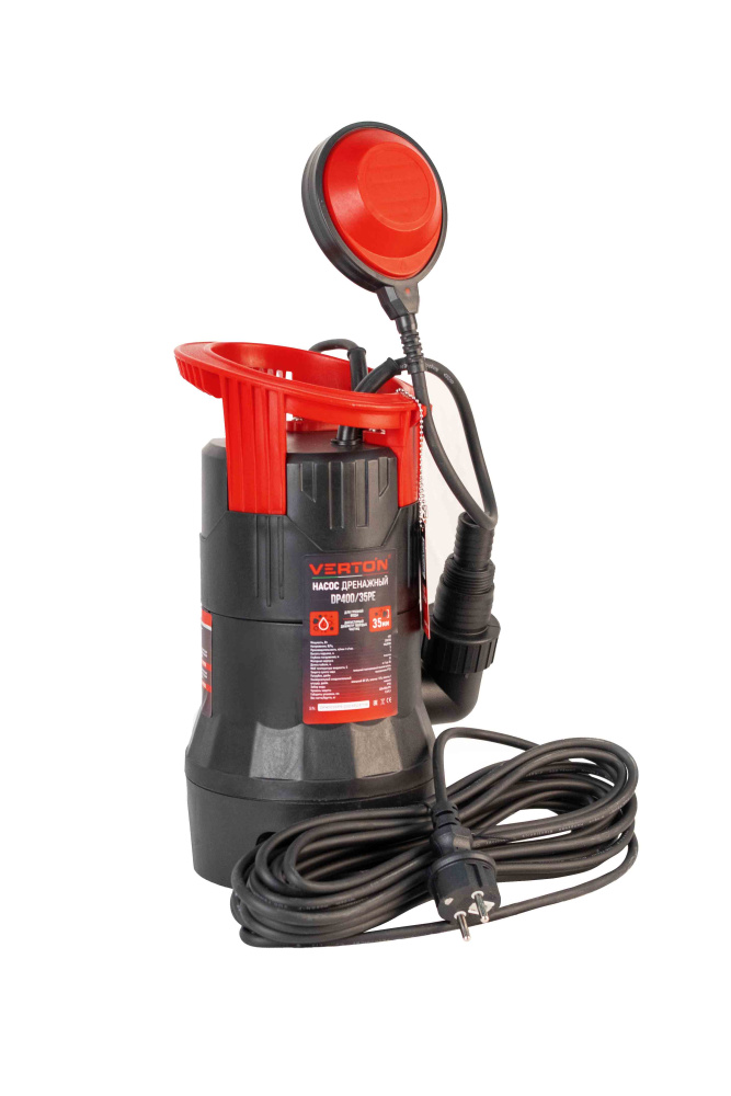 Дренажный насос фекальник для грязной воды Verton AQUA DP400/35PE (мощн.400Вт.,напр. 230/50 В/Гц.,макс. выс.5 м.,произв.142 л/мин.,макс.темп. 35.,IPX8.,нижн.забор воды.,диаметр частиц 35мм.,пласт.корпус.,поплавок,внешний поплавок) - 4 шт/кор.