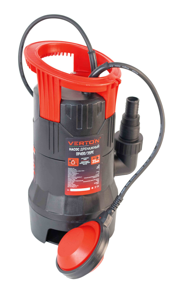 Дренажный насос фекальник для грязной воды Verton AQUA DP400/35PE (мощн.400Вт.,напр. 230/50 В/Гц.,макс. выс.5 м.,произв.142 л/мин.,макс.темп. 35.,IPX8.,нижн.забор воды.,диаметр частиц 35мм.,пласт.корпус.,поплавок,внешний поплавок) - 4 шт/кор.