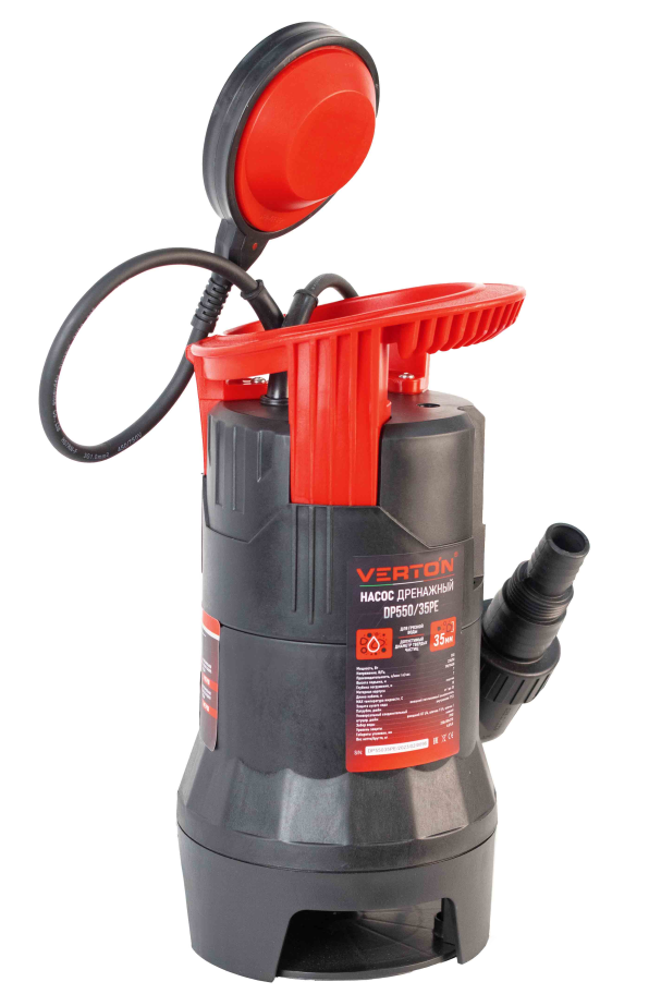 Дренажный насос фекальник для грязной воды Verton AQUA DP550/35PE (мощн.550Вт.,напр. 230/50 В/Гц.,макс. выс.7 м.,произв.208 л/мин.,макс.темп. 35.,IPX8.,нижн.забор воды.,диаметр частиц 35мм.,пласт.корпус,внешний поплавок) - 4 шт/кор.