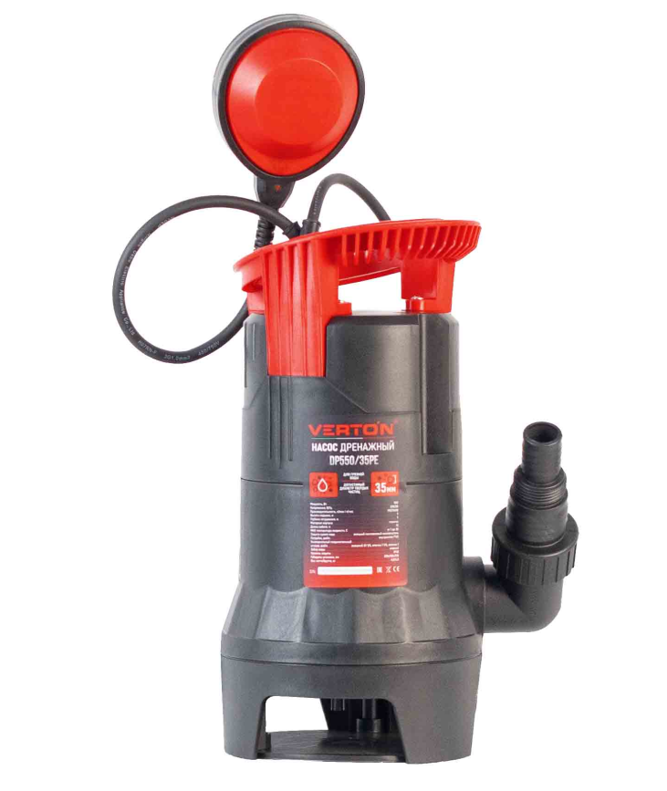 Дренажный насос фекальник для грязной воды Verton AQUA DP550/35PE (мощн.550Вт.,напр. 230/50 В/Гц.,макс. выс.7 м.,произв.208 л/мин.,макс.темп. 35.,IPX8.,нижн.забор воды.,диаметр частиц 35мм.,пласт.корпус,внешний поплавок) - 4 шт/кор.