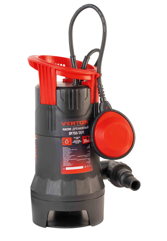 Дренажный насос фекальник для грязной воды Verton AQUA DP750/35PE (мощн.750Вт.,напр. 230/50 В/Гц.,макс. выс.8 м.,произв.233 л/мин.,макс.темп. 35.,IPX8.,нижн.забор воды.,диаметр частиц 35мм.,пласт.корпус,внешний поплавок) - 4 шт/кор.