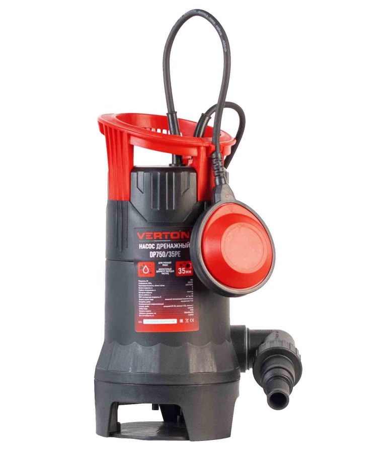 Дренажный насос фекальник для грязной воды Verton AQUA DP750/35PE (мощн.750Вт.,напр. 230/50 В/Гц.,макс. выс.8 м.,произв.233 л/мин.,макс.темп. 35.,IPX8.,нижн.забор воды.,диаметр частиц 35мм.,пласт.корпус,внешний поплавок) - 4 шт/кор.