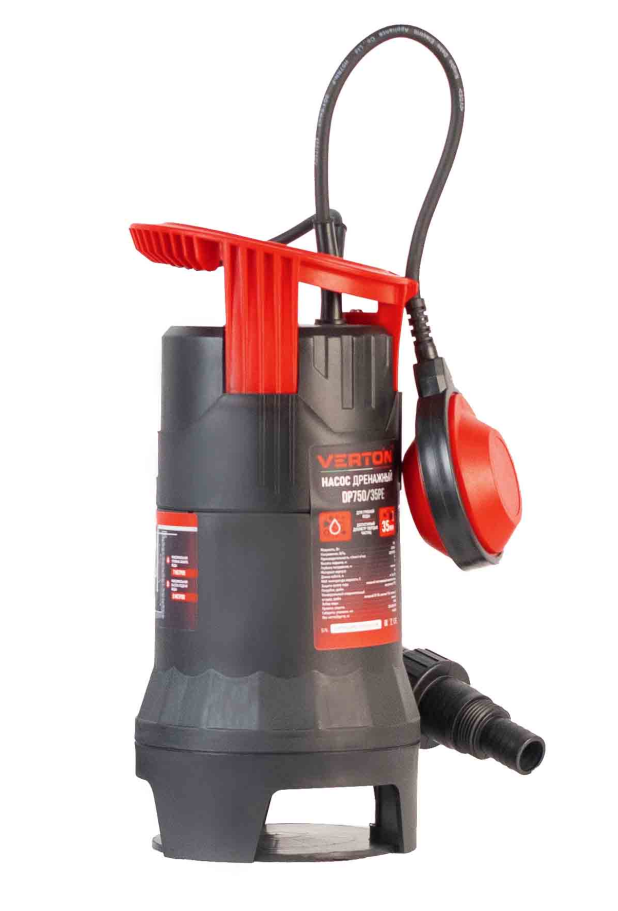 Дренажный насос фекальник для грязной воды Verton AQUA DP750/35PE (мощн.750Вт.,напр. 230/50 В/Гц.,макс. выс.8 м.,произв.233 л/мин.,макс.темп. 35.,IPX8.,нижн.забор воды.,диаметр частиц 35мм.,пласт.корпус,внешний поплавок) - 4 шт/кор.