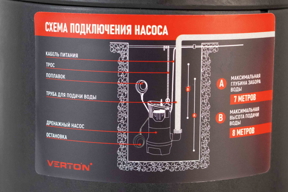 Дренажный насос фекальник для грязной воды Verton AQUA DP750/35PE (мощн.750Вт.,напр. 230/50 В/Гц.,макс. выс.8 м.,произв.233 л/мин.,макс.темп. 35.,IPX8.,нижн.забор воды.,диаметр частиц 35мм.,пласт.корпус,внешний поплавок) - 4 шт/кор.