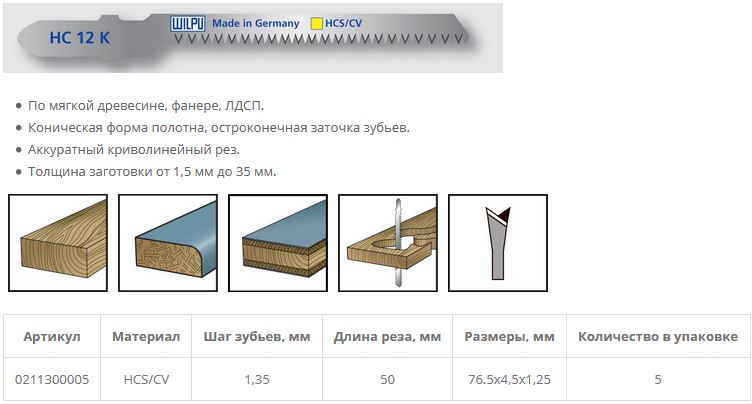 Пилка по дереву HC 12 K (2 шт; 76.5х4.5х1.25 мм; 50 мм; 19 TPI; HCS/CV; фанера до 15 мм) WILPU