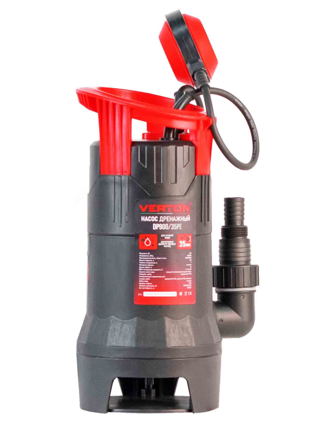 Дренажный насос фекальник для грязной воды Verton AQUA DP900/35PE (мощн.900Вт.,напр. 230/50 В/Гц.,макс. выс.8 м.,произв.250 л/мин.,макс.темп. 35.,IPX8.,нижн.забор воды.,диаметр частиц 35мм.,пластик.корпус,внешний поплавок) - 4 шт/кор.