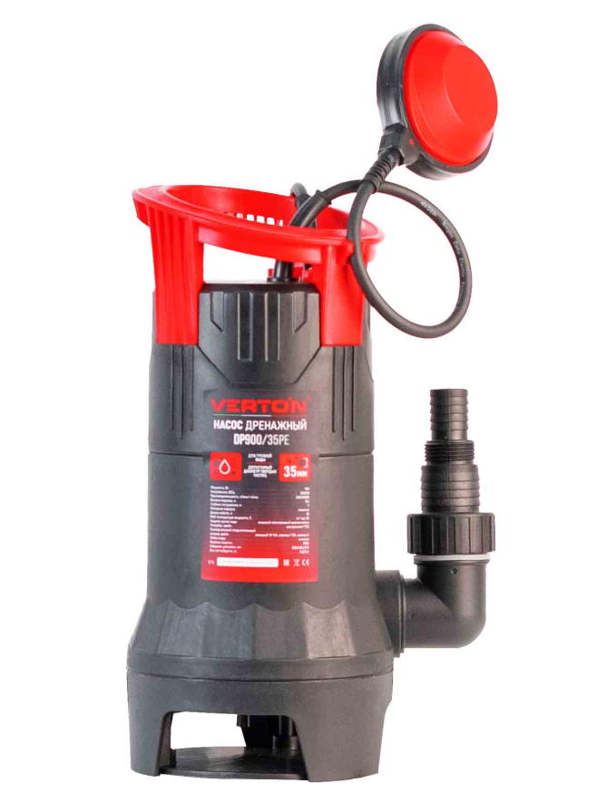 Дренажный насос фекальник для грязной воды Verton AQUA DP900/35PE (мощн.900Вт.,напр. 230/50 В/Гц.,макс. выс.8 м.,произв.250 л/мин.,макс.темп. 35.,IPX8.,нижн.забор воды.,диаметр частиц 35мм.,пластик.корпус,внешний поплавок) - 4 шт/кор.