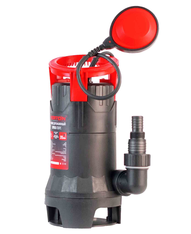 Дренажный насос фекальник для грязной воды Verton AQUA DP900/35PE (мощн.900Вт.,напр. 230/50 В/Гц.,макс. выс.8 м.,произв.250 л/мин.,макс.темп. 35.,IPX8.,нижн.забор воды.,диаметр частиц 35мм.,пластик.корпус,внешний поплавок) - 4 шт/кор.