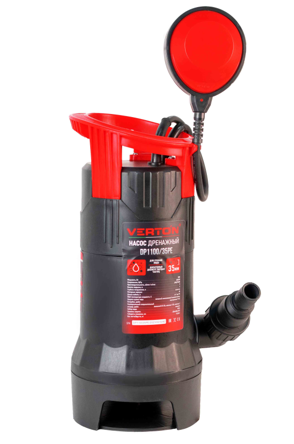 Дренажный насос фекальник для грязной воды Verton AQUA DP1100/35PE (мощн.1100Вт.,напр. 230/50 В/Гц.,макс. выс.9 м.,произв.290 л/мин.,макс.темп. 35.,IPX8.,нижн.забор воды.,диаметр частиц 35мм.,пласт.корпус,внешний поплавок) - 4 шт/кор.