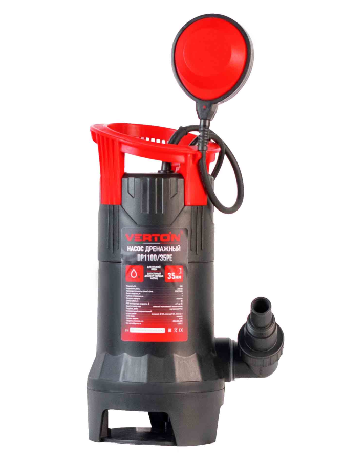 Дренажный насос фекальник для грязной воды Verton AQUA DP1100/35PE (мощн.1100Вт.,напр. 230/50 В/Гц.,макс. выс.9 м.,произв.290 л/мин.,макс.темп. 35.,IPX8.,нижн.забор воды.,диаметр частиц 35мм.,пласт.корпус,внешний поплавок) - 4 шт/кор.