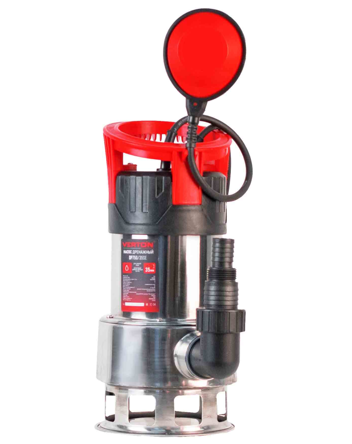 Дренажный насос фекальник для грязной воды Verton AQUA DP750/35SE (мощн.750Вт.,напр. 230/50 В/Гц.,макс. выс.8 м.,произв.225 л/мин.,макс.темп. 35.,IPX8.,нижн.забор воды.,диаметр частиц 35мм.нержав.корпус,внешний поплавок) - 4 шт/кор.