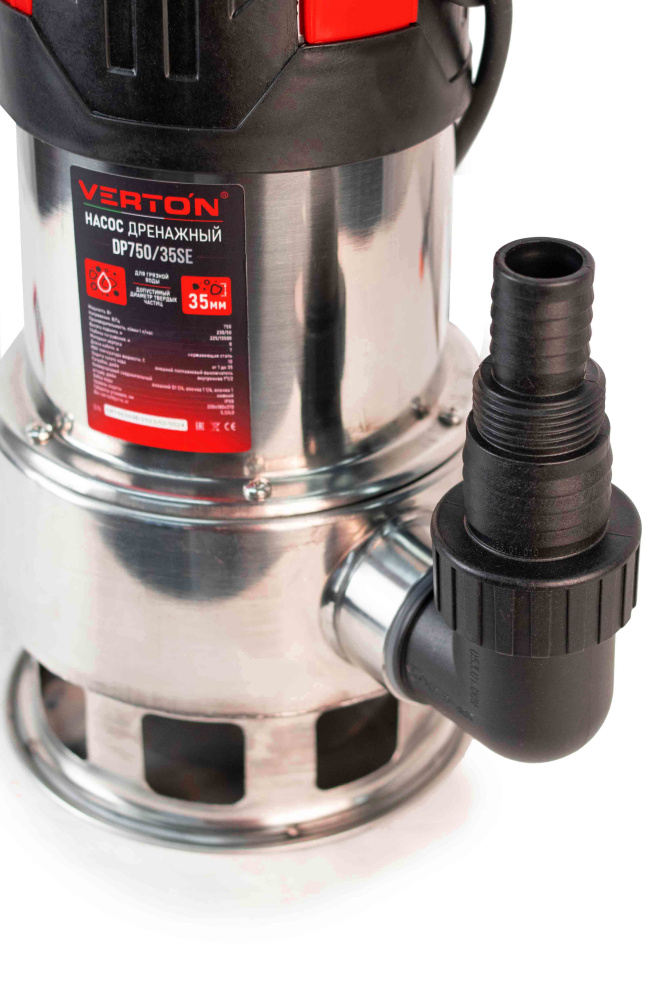 Дренажный насос фекальник для грязной воды Verton AQUA DP750/35SE (мощн.750Вт.,напр. 230/50 В/Гц.,макс. выс.8 м.,произв.225 л/мин.,макс.темп. 35.,IPX8.,нижн.забор воды.,диаметр частиц 35мм.нержав.корпус,внешний поплавок) - 4 шт/кор.