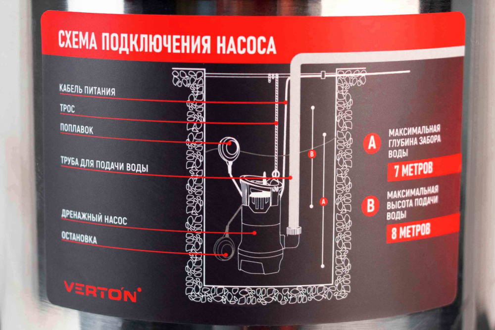 Дренажный насос фекальник для грязной воды Verton AQUA DP750/35SE (мощн.750Вт.,напр. 230/50 В/Гц.,макс. выс.8 м.,произв.225 л/мин.,макс.темп. 35.,IPX8.,нижн.забор воды.,диаметр частиц 35мм.нержав.корпус,внешний поплавок) - 4 шт/кор.