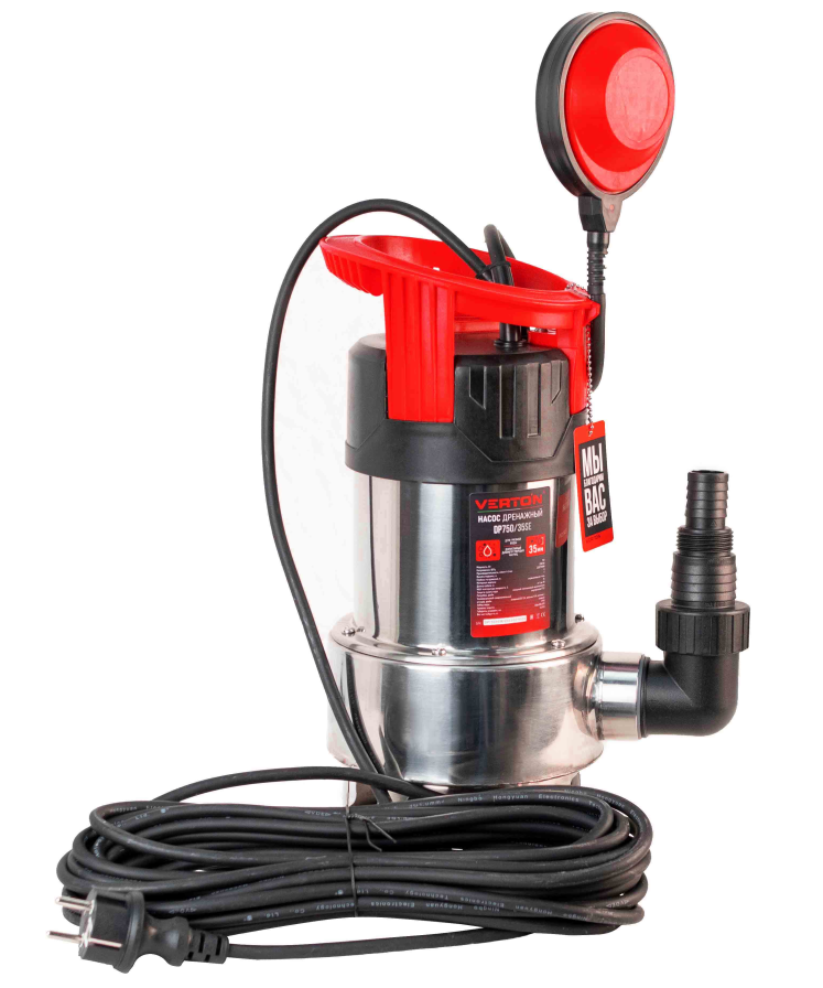 Дренажный насос фекальник для грязной воды Verton AQUA DP750/35SE (мощн.750Вт.,напр. 230/50 В/Гц.,макс. выс.8 м.,произв.225 л/мин.,макс.темп. 35.,IPX8.,нижн.забор воды.,диаметр частиц 35мм.нержав.корпус,внешний поплавок) - 4 шт/кор.