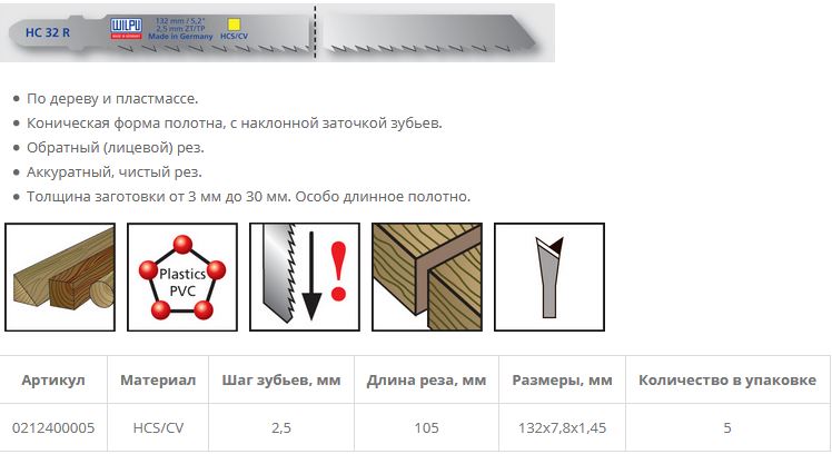Пилка по дереву HC 32 R (5 шт; 132х7.8х1.45 мм; 105 мм; 10 TPI; HCS/CV; до 65 мм) WILPU