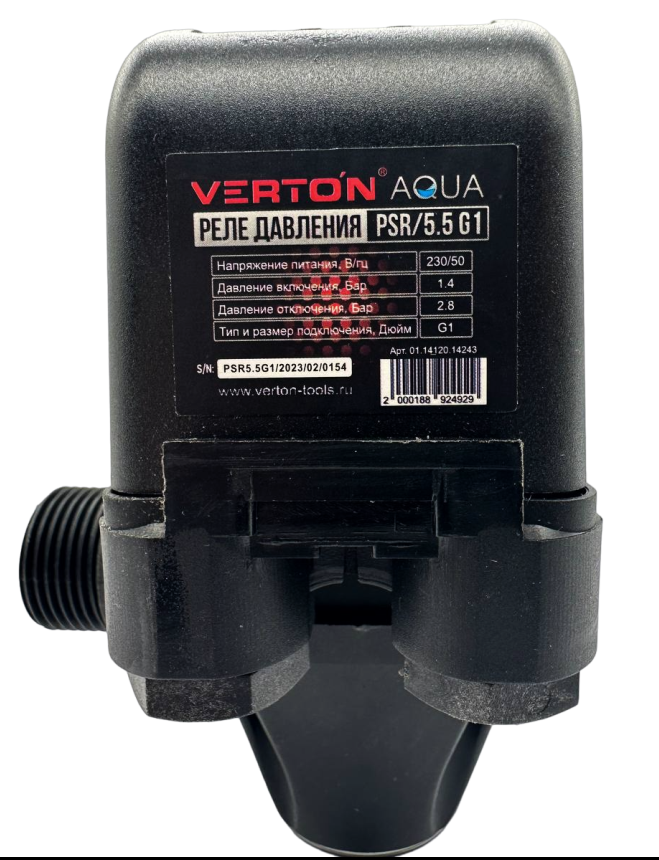 Реле давления Verton AQUA PSR/5.5 G1 с манометром на базе 3-х ходового фитинга (230В//50 Гц IP54, темп. жид. 0-60 C,раб.дав.1/4.2 бар,мин. дав. 1 бар, макс.дав.5.5 бар,ток пик/норм 12/0-11А)