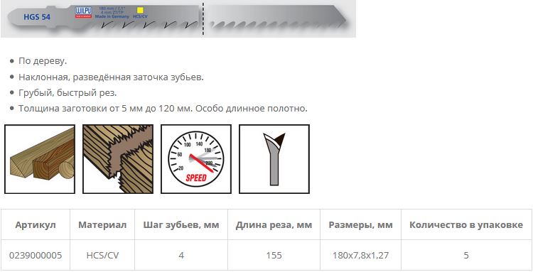 Пилка по дереву HGS 54 (5 шт; 180х7.8х1.27 мм; 155 мм; 6.35 TPI; HCS/CV; до 120 мм) WILPU
