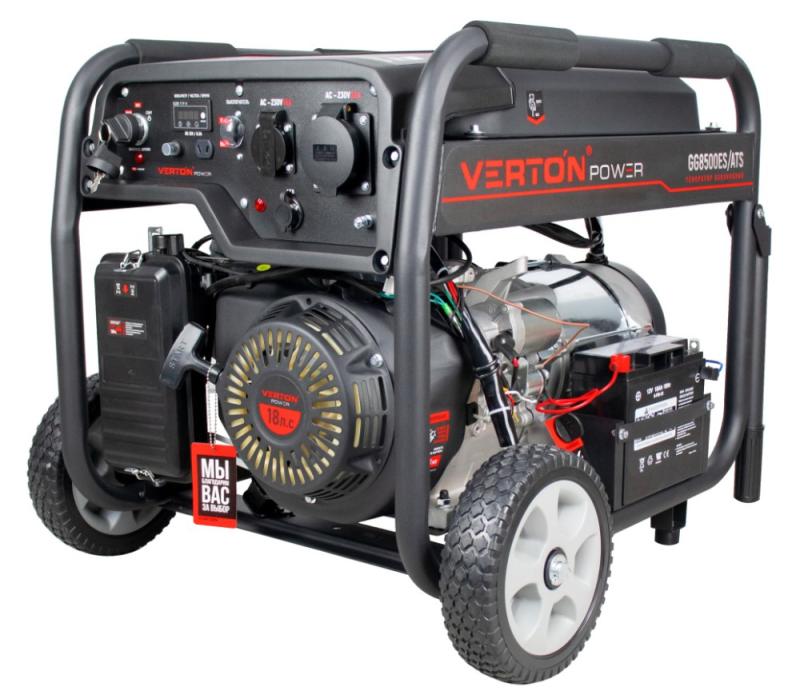 Генератор бензиновый VERTON POWER GG8500ES/ATS (7,0/7,5кВт,230В,18л.с.458см3,возможность подключения блока ATS,цифр.дисп.(вольтметр,частота,моточасы),электростартер+ручной старт,DC12В,розетки1*16А+1*32А,бак 22л,медь,АКБ12V18Ah,сил.вилка,колеса-ручки)
