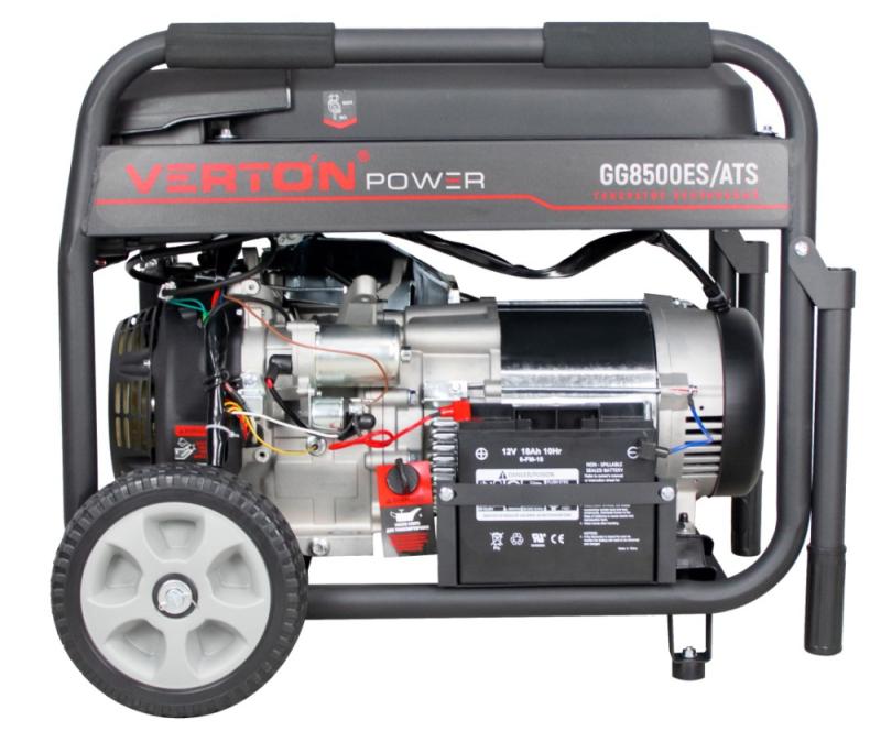 Генератор бензиновый VERTON POWER GG8500ES/ATS (7,0/7,5кВт,230В,18л.с.458см3,возможность подключения блока ATS,цифр.дисп.(вольтметр,частота,моточасы),электростартер+ручной старт,DC12В,розетки1*16А+1*32А,бак 22л,медь,АКБ12V18Ah,сил.вилка,колеса-ручки)