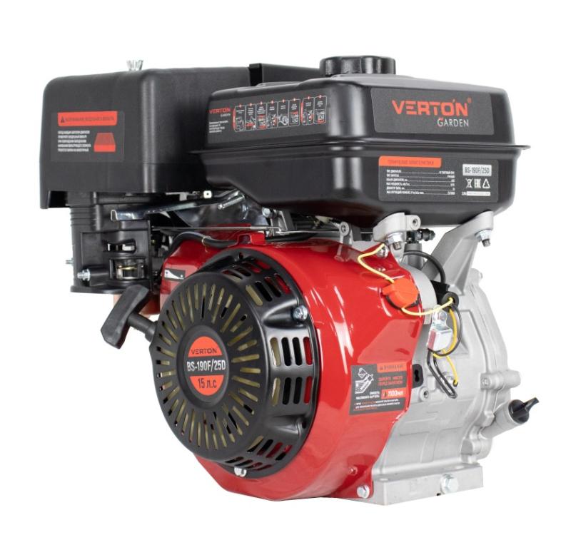 Двигатель VERTON GARDEN BS-190F/25D (420 см3, 11кВт/15л.с,Ø вала 25мм (шпонка), 23/3600 Н*м/(об/мин), V 6 л., ручн. зап., выкл., распредвал сталь, автопрерыватель с датчиком уровня масла, крышка бака винт, фильтр комбин. (бумага+паралон), прорез. рук