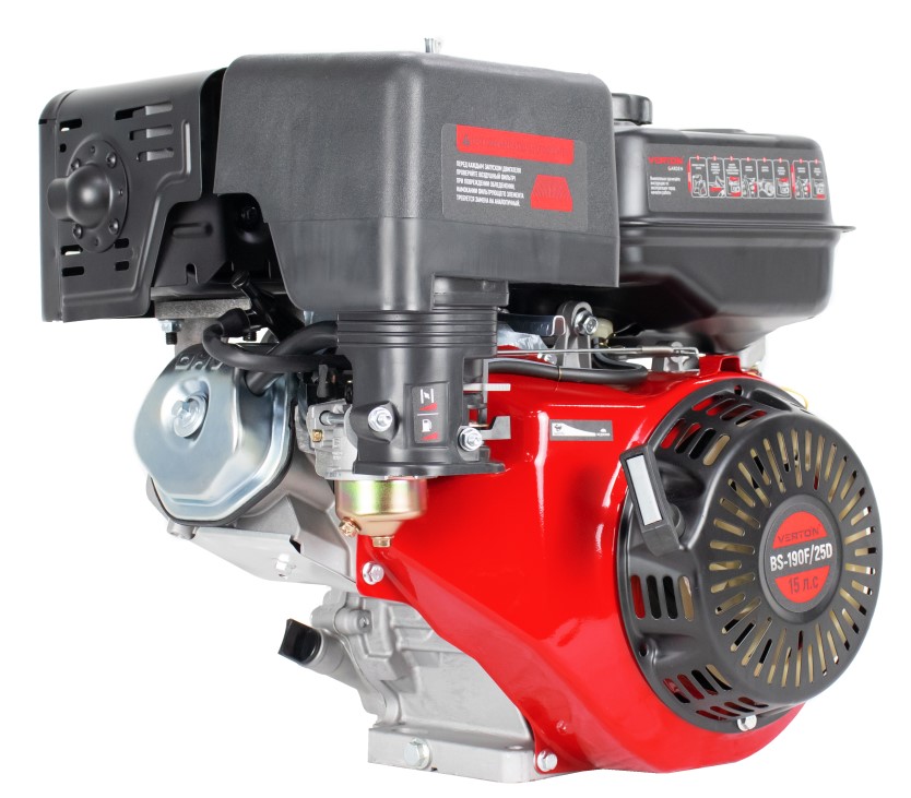 Двигатель VERTON GARDEN BS-190F/25D (420 см3, 11кВт/15л.с,Ø вала 25мм (шпонка), 23/3600 Н*м/(об/мин), V 6 л., ручн. зап., выкл., распредвал сталь, автопрерыватель с датчиком уровня масла, крышка бака винт, фильтр комбин. (бумага+паралон), прорез. рук