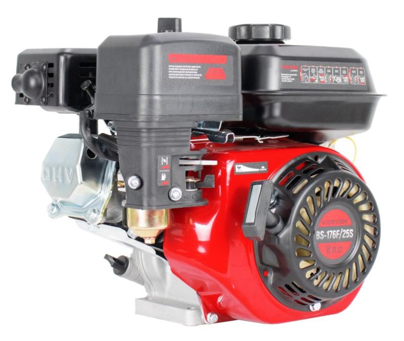Двигатель VERTON GARDEN BS-176F/25S (223 см3, 5,8кВт/8л.с,Ø вала 25мм (шлицы: прямобочный, 6 шт., 20 мм внутр.Ø), 14/3600 Н*м/(об/мин), V 3.6 л., ручн. зап., выкл., распредвал сталь, автопрерыватель с датчиком уровня масла, крышка бака винт, фильтр к