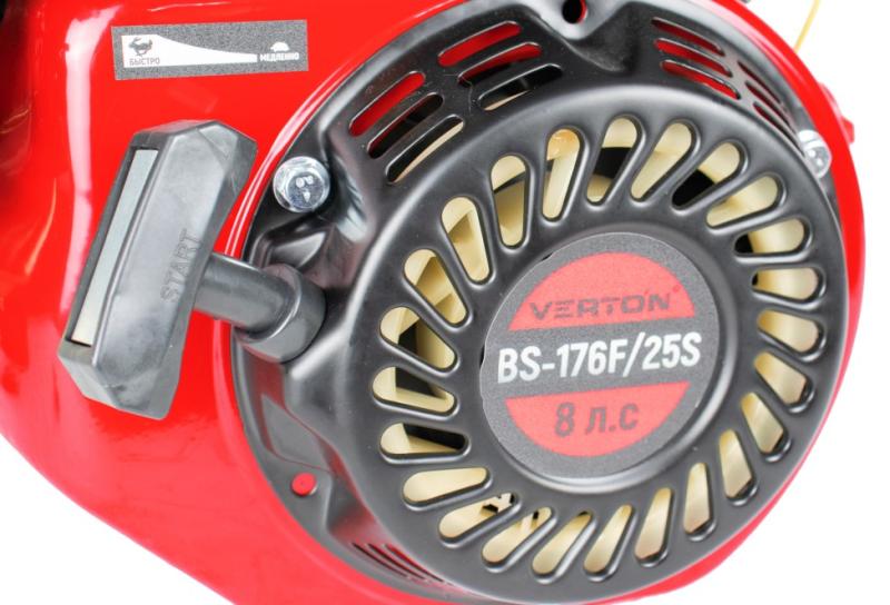 Двигатель VERTON GARDEN BS-176F/25S (223 см3, 5,8кВт/8л.с,Ø вала 25мм (шлицы: прямобочный, 6 шт., 20 мм внутр.Ø), 14/3600 Н*м/(об/мин), V 3.6 л., ручн. зап., выкл., распредвал сталь, автопрерыватель с датчиком уровня масла, крышка бака винт, фильтр к