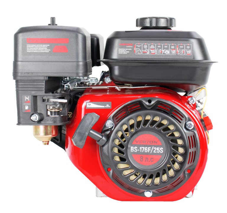 Двигатель VERTON GARDEN BS-176F/25S (223 см3, 5,8кВт/8л.с,Ø вала 25мм (шлицы: прямобочный, 6 шт., 20 мм внутр.Ø), 14/3600 Н*м/(об/мин), V 3.6 л., ручн. зап., выкл., распредвал сталь, автопрерыватель с датчиком уровня масла, крышка бака винт, фильтр к