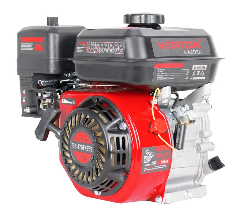 Двигатель VERTON GARDEN BS-176F/25S (223 см3, 5,8кВт/8л.с,Ø вала 25мм (шлицы: прямобочный, 6 шт., 20 мм внутр.Ø), 14/3600 Н*м/(об/мин), V 3.6 л., ручн. зап., выкл., распредвал сталь, автопрерыватель с датчиком уровня масла, крышка бака винт, фильтр к