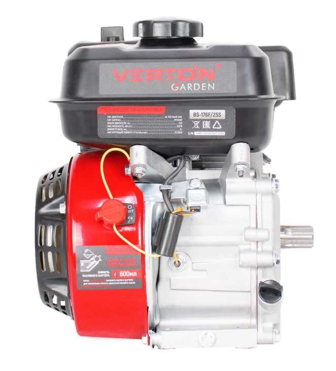 Двигатель VERTON GARDEN BS-176F/25S (223 см3, 5,8кВт/8л.с,Ø вала 25мм (шлицы: прямобочный, 6 шт., 20 мм внутр.Ø), 14/3600 Н*м/(об/мин), V 3.6 л., ручн. зап., выкл., распредвал сталь, автопрерыватель с датчиком уровня масла, крышка бака винт, фильтр к