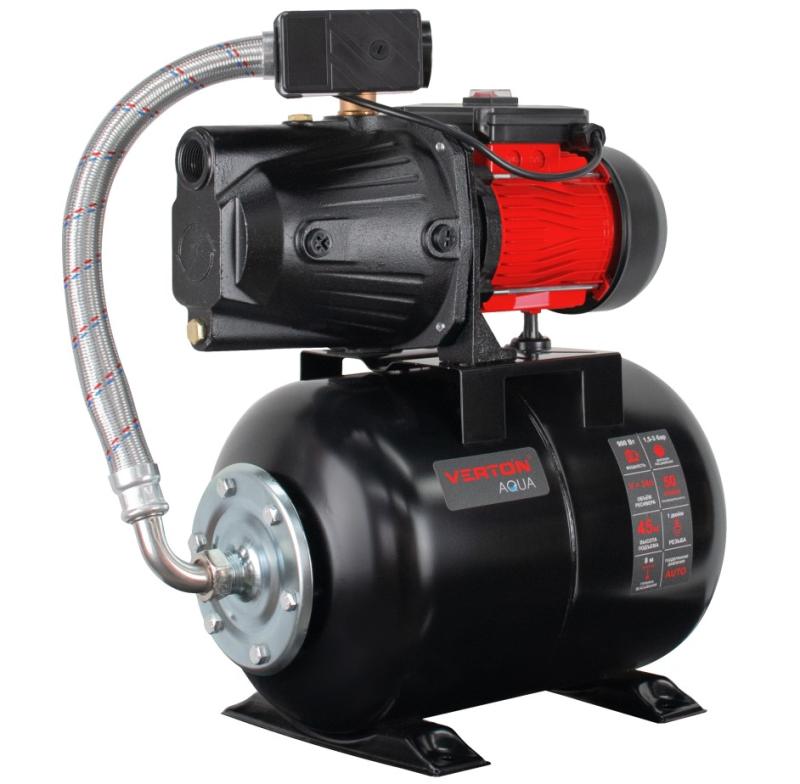 Насосная станция автоматическая Verton AQUA PS900CL/24(Удлиненный чугун. корпус,900Вт,230В/50Гц,Qmax 50л/мин,V24л,max забор 8м,Hmax45м, Øвх./вых.1", Р 1,5-3 бар,Tmax жидк.0-60°C,соед.шланг 32 мм,встр.эжектор, крыльчатка PPO,кнопка питания сети)